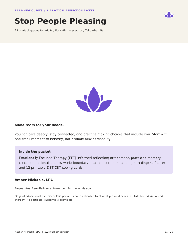 Stop People Pleasing packet cover with a purple lotus and Amber Michaels, LPC credit